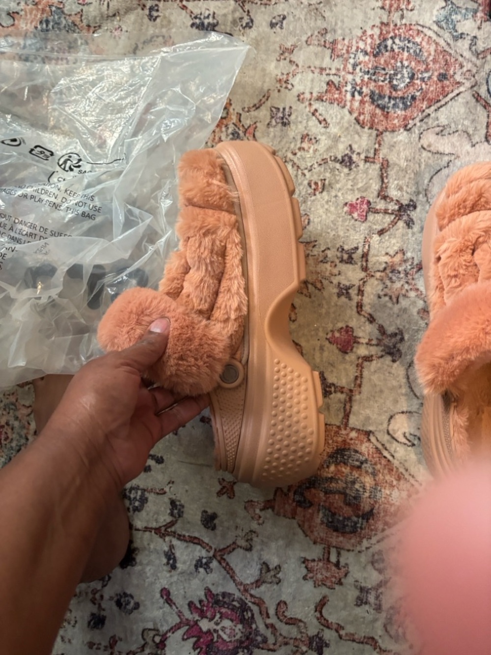 CROCS Faux-Fur Platform Clog in Peach